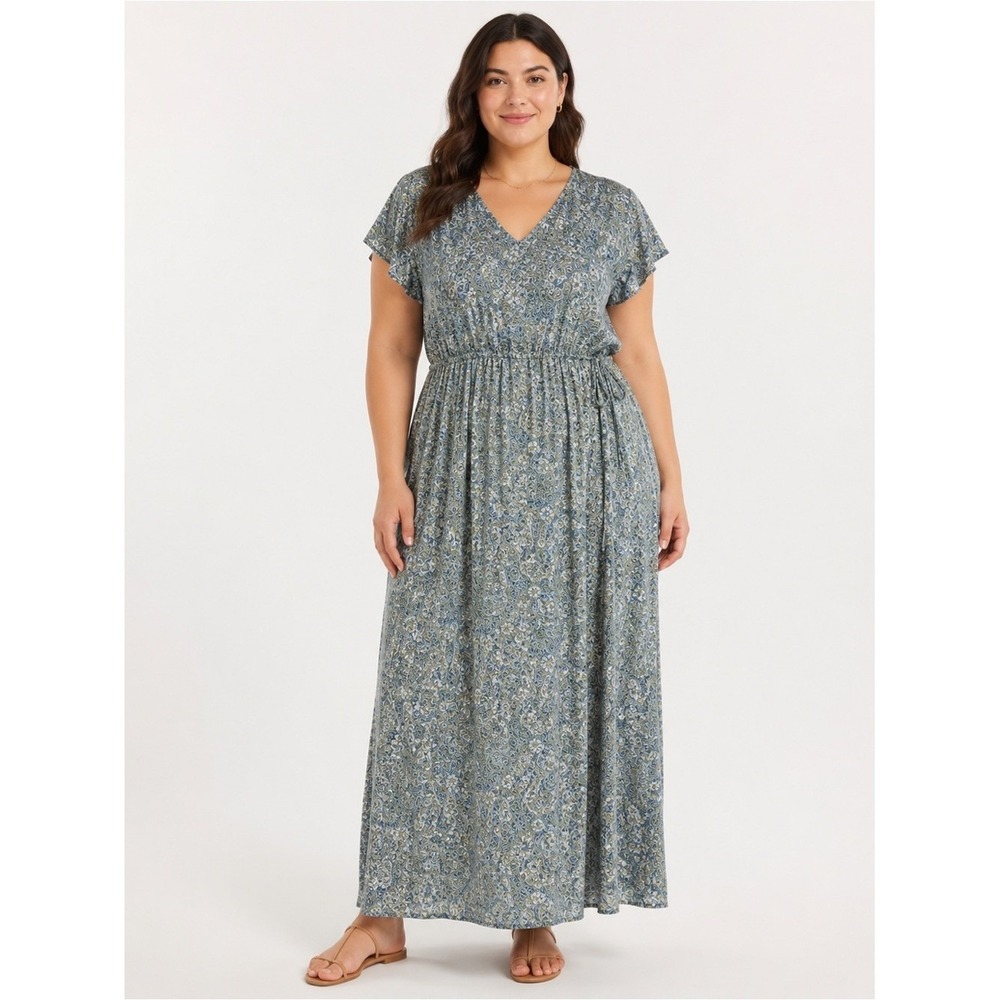 Frye and Co. Maxi Dress Womens XL Blue Paisley Flutter Sleeve Boho